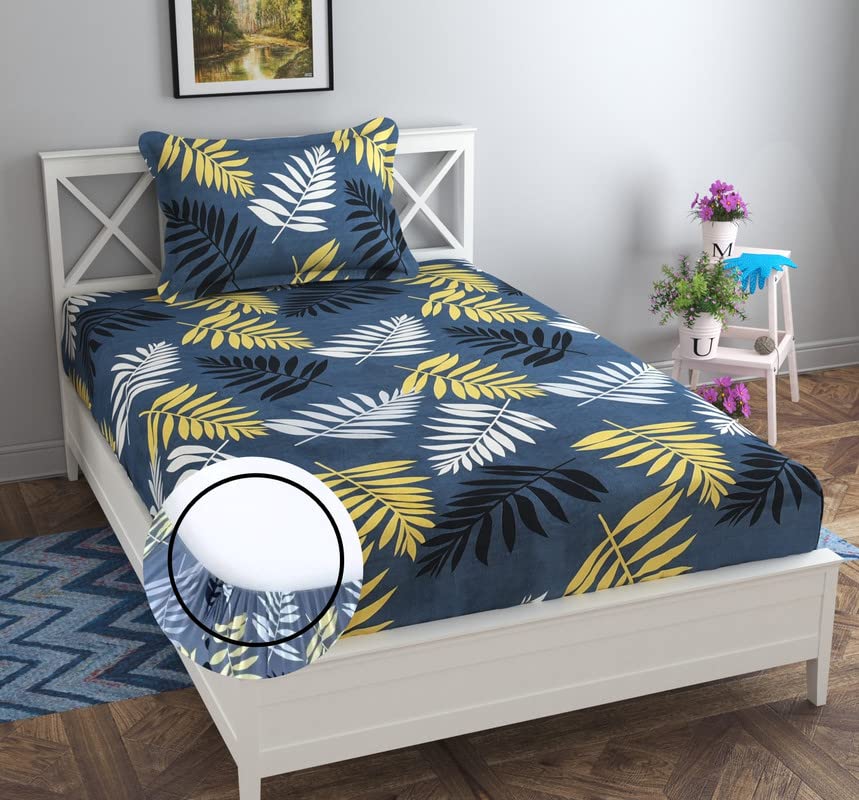 YFH Creative Cotton Feel Pack of 1 (One) Elastic Fitted Bedsheets with 1 King Size Pillow Covers | Single Coat Bed with All Around Elastic 180 TC Supersoft |Size -78x36+6 inches| Grey Mustard & White