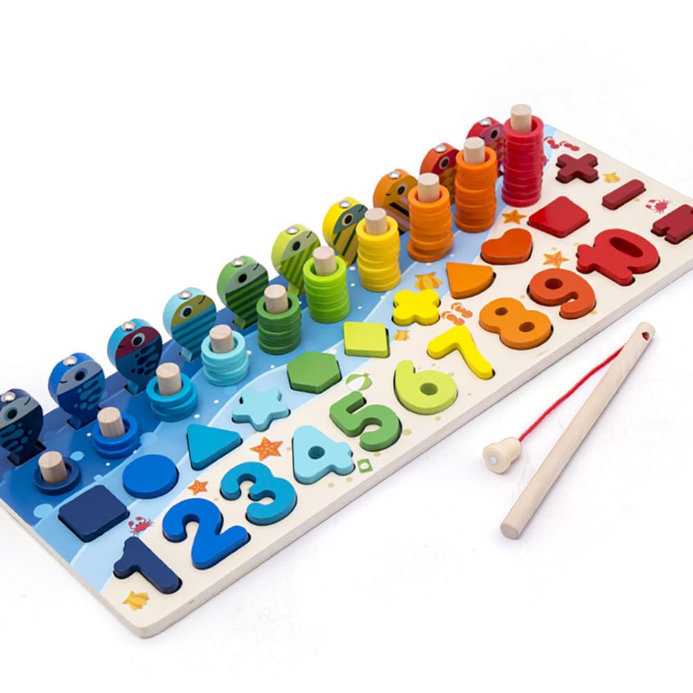 Tabellone Montessori in Legno 5 in 1 per Il conteggio, Gioco di Pesca con Forme di Numeri e Anelli impilabili