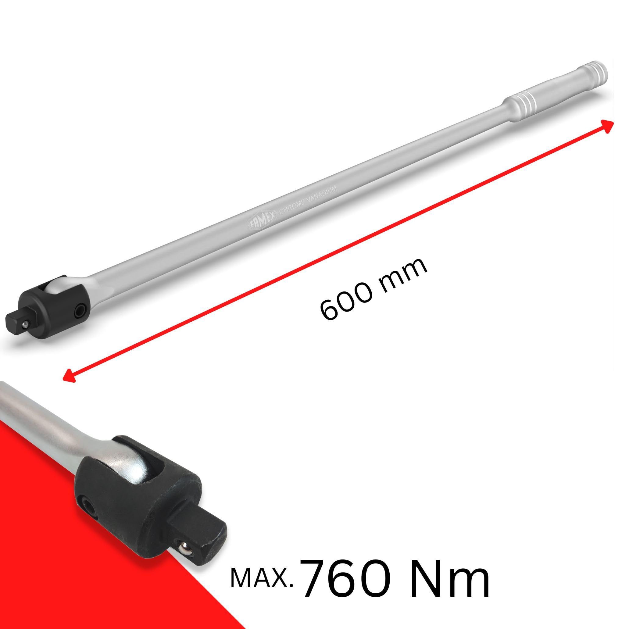 FAMEX 10914 zestaw kluczy dynamometrycznych 1/2" (12,5 mm) 30-210 Nm, do wymiany opon – w zestawie 3 klucze nasadowe i bardzo wytrzymały klucz przegubowy 60 cm 630 Nm, przedłużenie, zestaw do wymiany