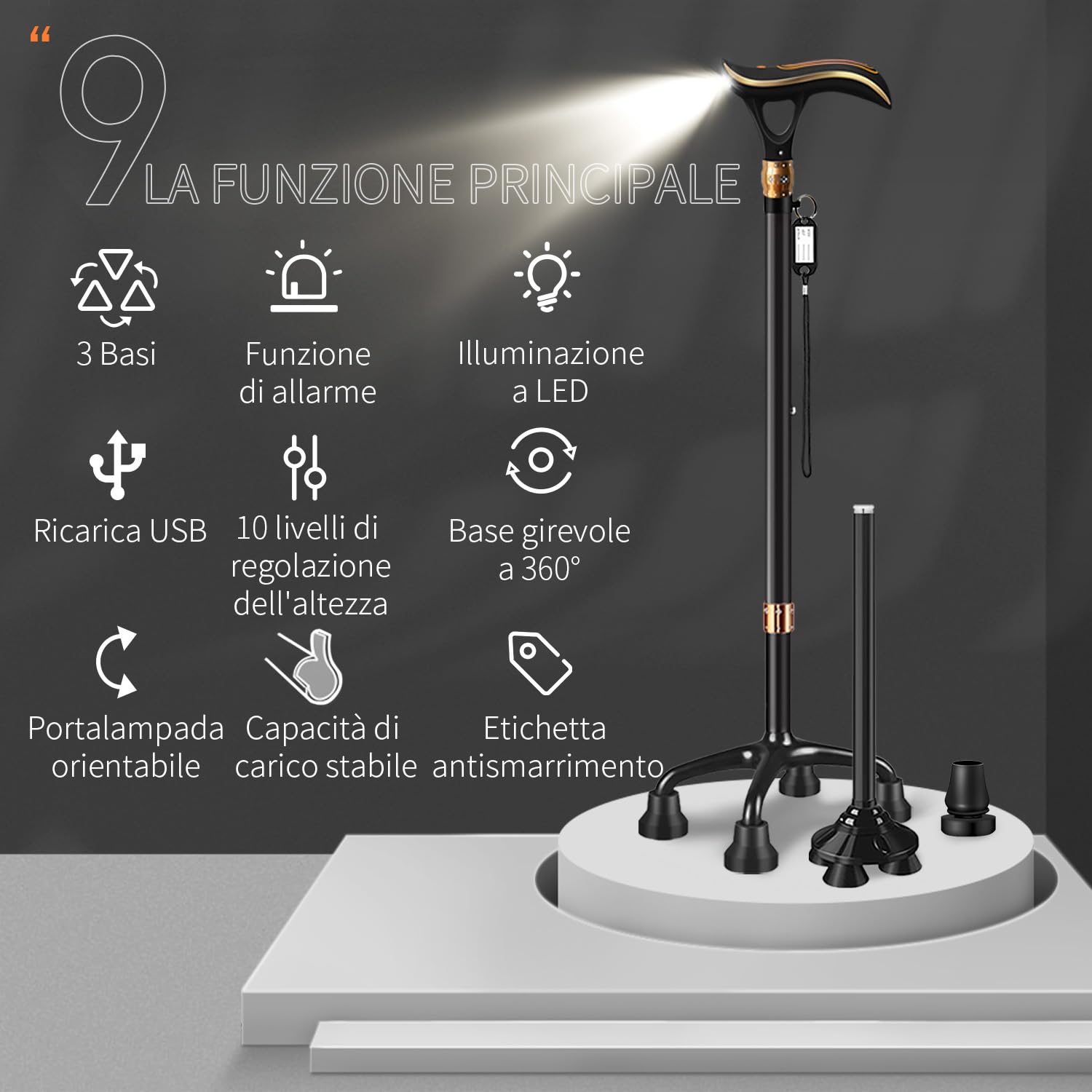 Bastone da passeggio multifunzione da uomo e da donna, con funzione di allarme e illuminazione a LED, dotato di 3 diversi tipi di attacco, bastoni da passeggio di alta qualità per anziani
