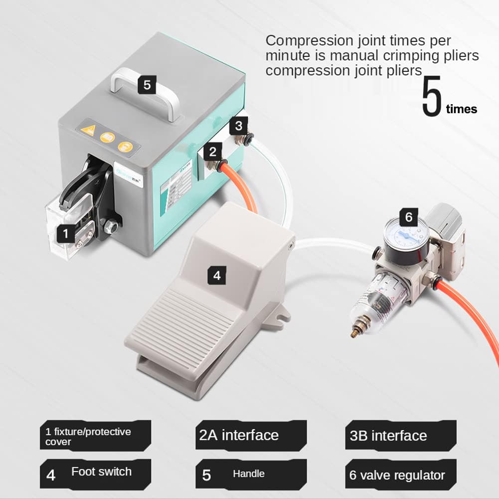 Pinza per crimpatura pneumatica da 1,3 T, pinza per crimpare terminali per cavi alimentata ad aria con 4 set di stampi spelafili e pedale, crimpatura fino a 16 mm2, 0,5-0,8 MPa per vari terminali