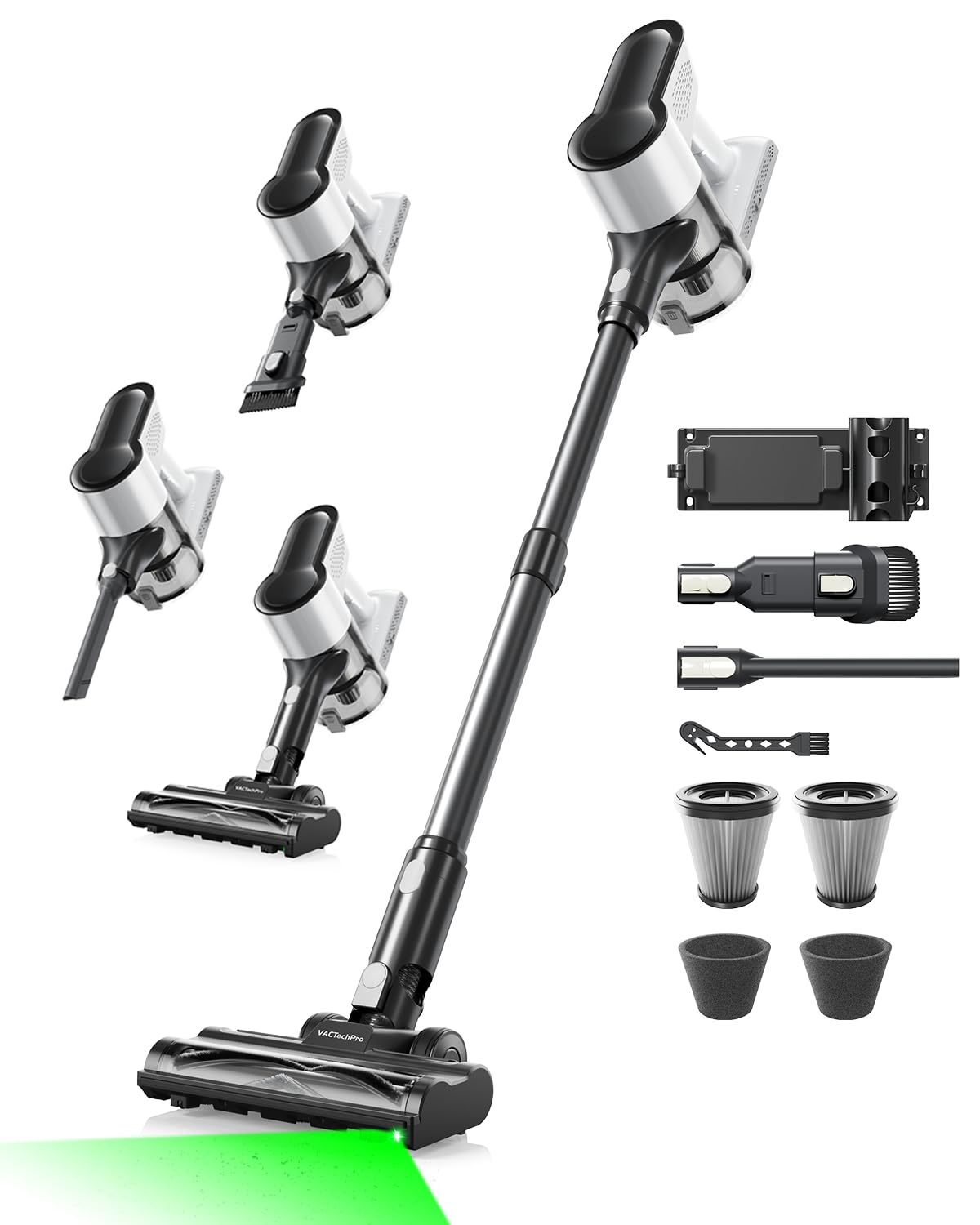 VACTechPro Akku Staubsauger kabellos F02 Lite,550W/50kPa akkustaubsauger mit 8‑stufigem Filtersystem, Selbststehend für Böden/Teppiche/Tierhaare