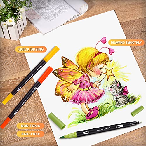 Swemos Markers For Adult Coloring Book, 24 Colors Art Markers Set Dual Tip Brush Pen, Coloring Markers Fine Point Kids Artist Drawing Paintings Diaries Journaling Art Projects Art Supplies With Case #TOP4