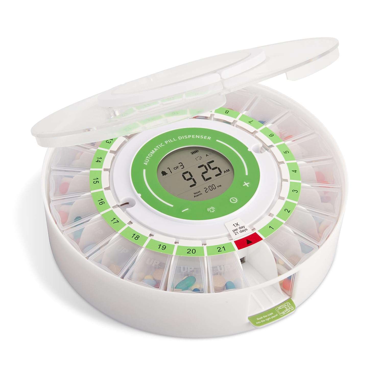 LiveFine Automatic Pill Dispenser with Removable Cups, 21 Compartments, 9 Dosage Rings, Alarm Reminder, LCD Display, Sound & Light Alerts, Locking Key for Vitamins, Supplements, Medications & Seniors
