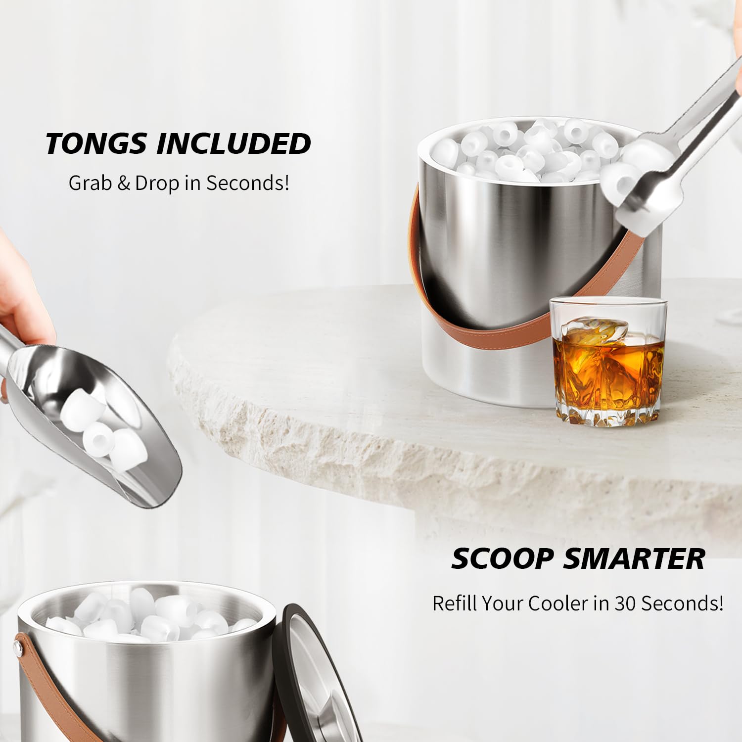 Bakpoco Cubo de hielo aislado de doble pared de acero inoxidable con tapa, cuchara, pinza, colador, mango de cuero para mantener el hielo congelado durante más tiempo, cubos de hielo grandes para