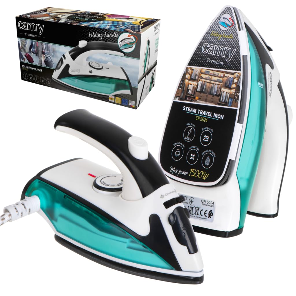 CAMRY CR-5024 Plancha de Viaje Vapor con mango plegable, ligera y pequeña, Vapor Continuo, suela NON-STICK, ajuste temperatura, 1500 W
