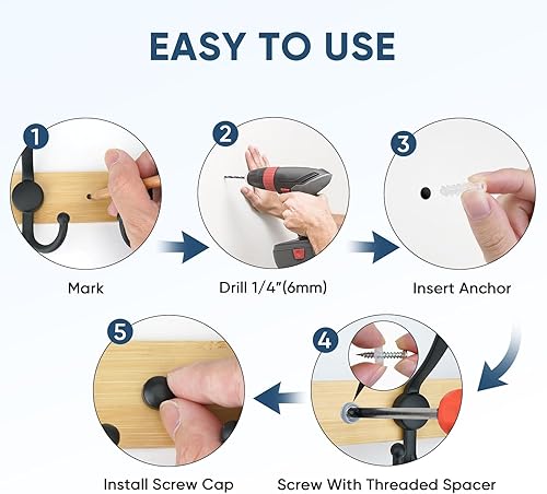 Miniatura 7 de TICONN Perchero montado en la pared, cinco ganchos resistentes de tres ganchos, construcción totalmente metálica para chaqueta, abrigo, sombrero en