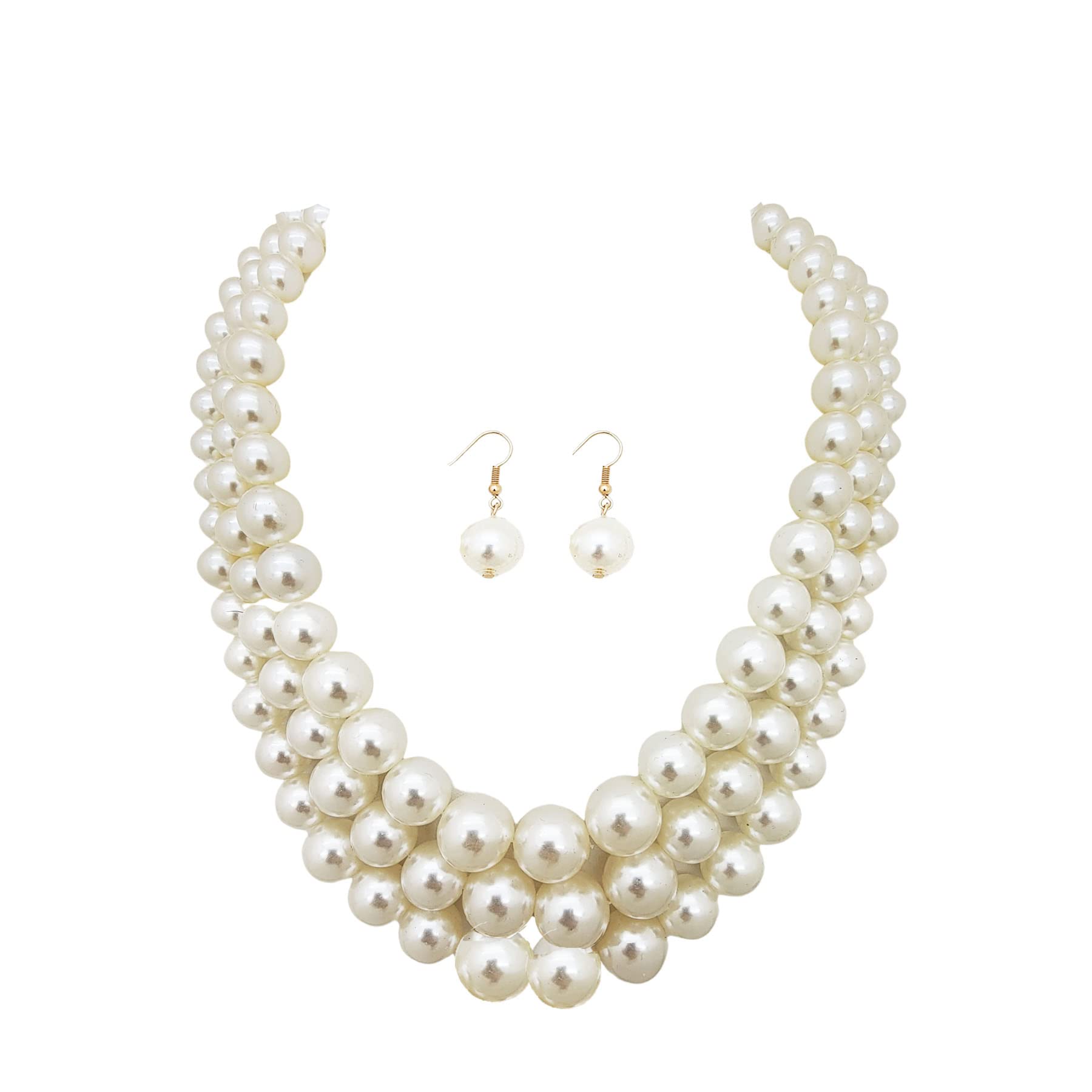 Fashion 21 Women's Faux Pearl Three Multi-Strand Statement Necklace and Earrings Set