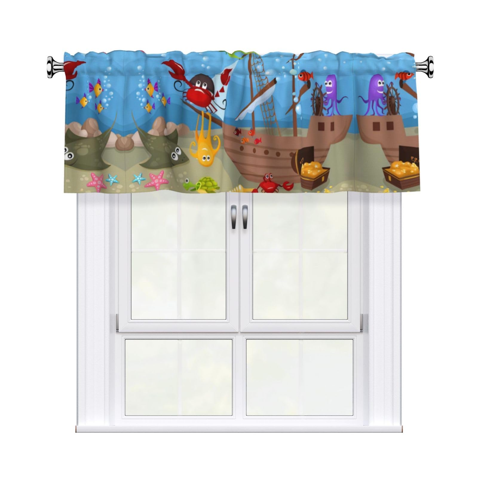 WHJDPP Ocean Underwater Fish Prints Curtain Valance 54x18 Inch - Peach Skin Window Cover with Printed Design, Filtering Light for Kitchen Decor