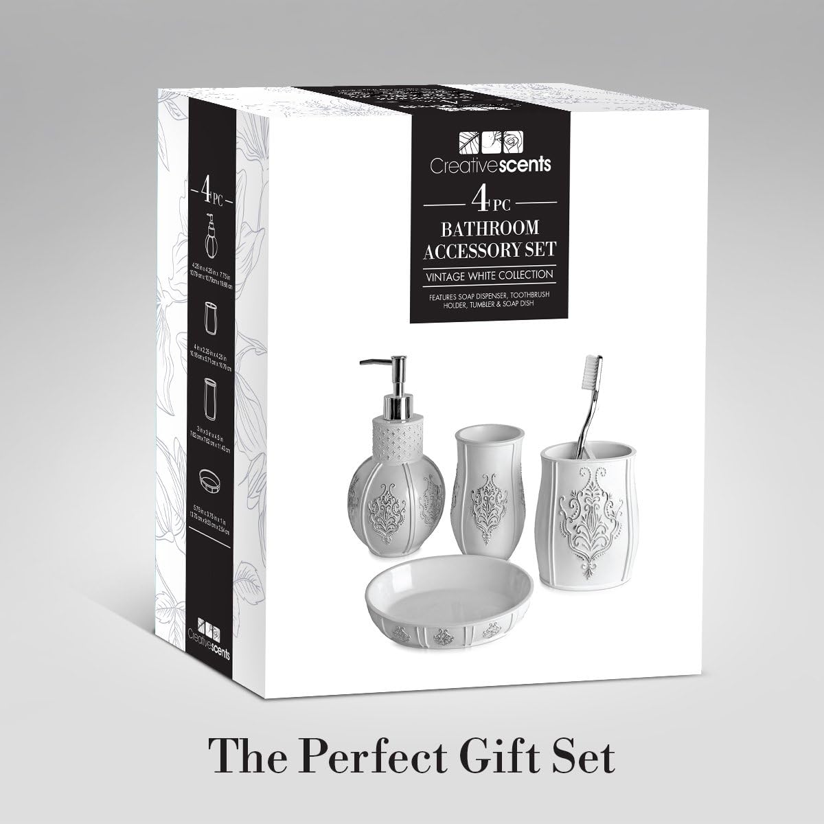 Creative Scents Vintage White Bathroom Accessories Set - 4 Piece Bathroom Set - Farmhouse French Country Bathroom Accessory Set Features: Soap Dispenser, Toothbrush Holder, Tumbler & Soap Dish