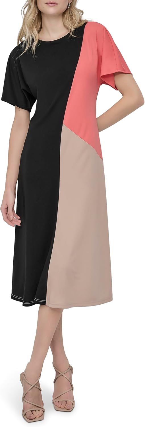 DKNY Women's Short Sleeve Jewel Neck Color Block Straight Hem Midi Dress