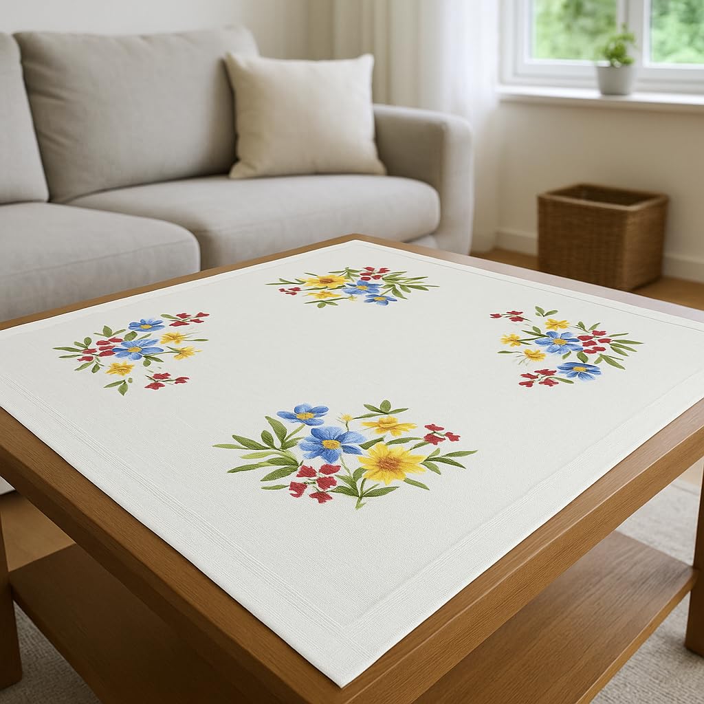 KAMACA Stickpackung Tischdecke Plattstich Stielstich Blumen vorgedruckte Stickdecke inkl. Stickgarn Stickvorlage und Anleitung Stickset zum Selbersticken für Erwachsene (Alpenblumen MD 80x80 cm)