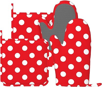 Red and White Polka Dot Oven Mitts and Pot Holders Sets of 4, Heat Resistant Silicone Oven Mittens and Potholders Gloves Hot Pads for Kitchen Cooking Baking Grilling BBQ Chef