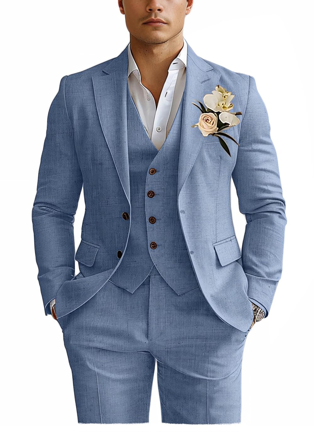 Photo 1 of Linen Suit for Men Wedding Dusty Blue Suits 3Pcs Set Dinner Graduation XL