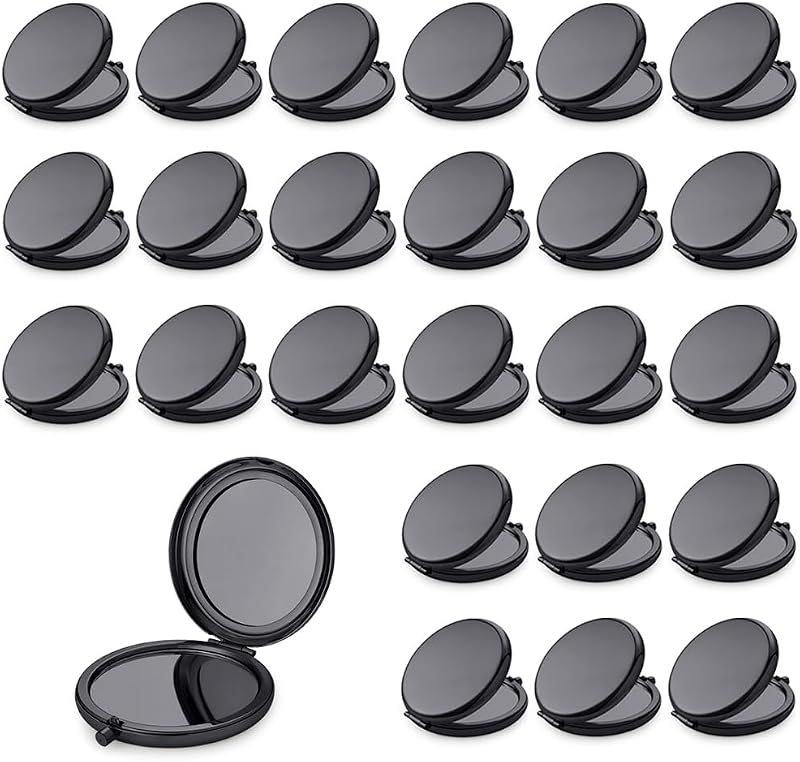 Espelho compacto redondo Daricano com estrutura metálica, dupla face 1X/2X, preto, pacote com 24