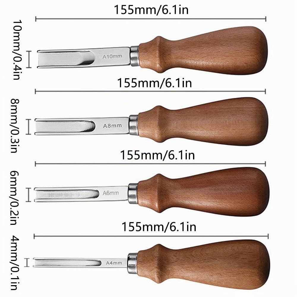 4 Stück Ledermesser, Lederwerkzeug mit Holzgriff, 4 mm, 6 mm, 8 mm, 10 mm, Werkzeug zum Schneiden von Lederkanten für Lederarbeiten, zum Schneiden und Markieren