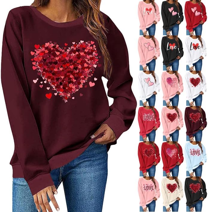 Valentines Sweatshirts For Women Love Heart Printed Pullover Long Sleeve Crewneck Cute Sweatshirt Tops Holiday Outfit