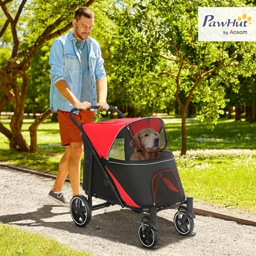 PawHut Hundewagen, Hundebuggy mit Kissen, Faltbarer Hundetrolley, Katzenbuggy für große und mittelgroße Hunde, Hundetrolley mit Netzfenster, Sicherheitsleinen, Tasche, Oxfordstoff, Rot