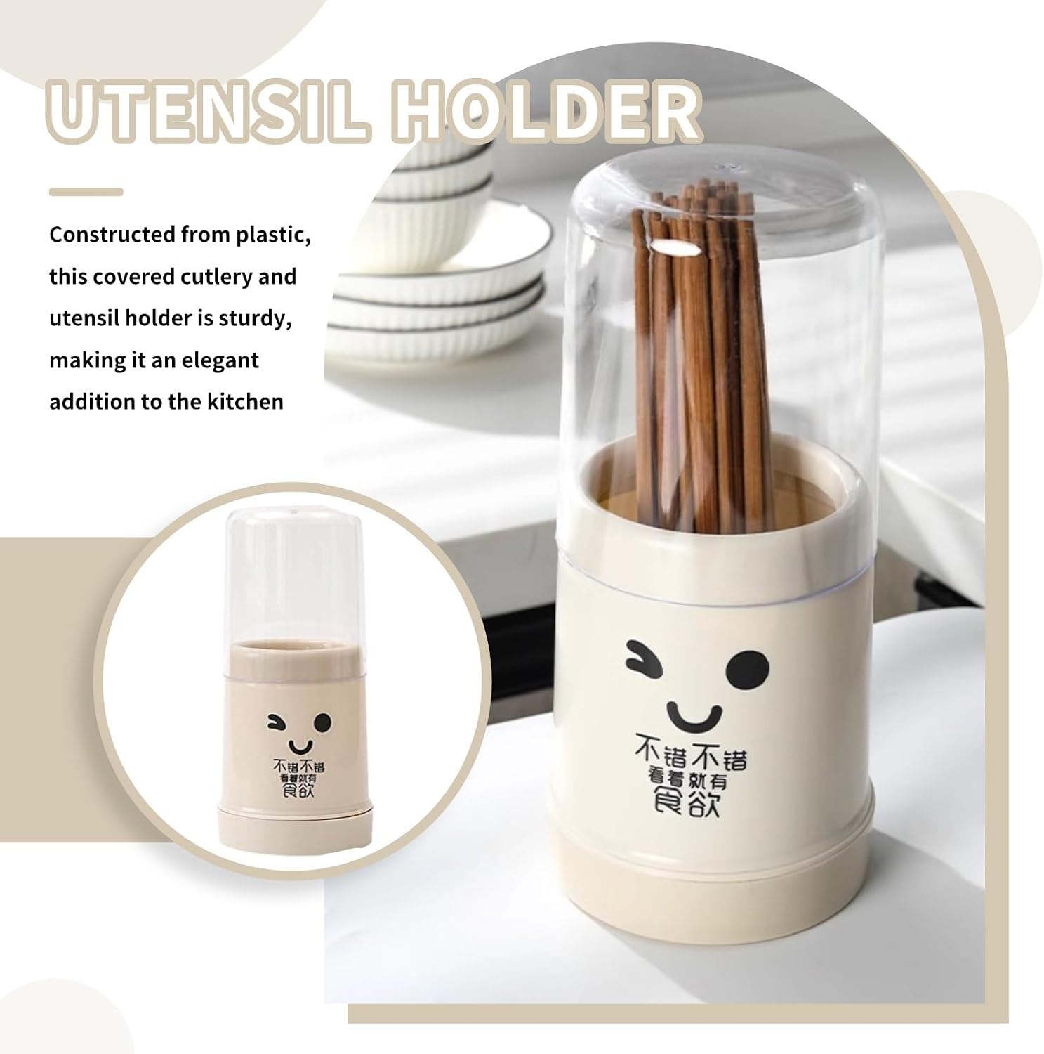 Cyrank Kitchen Utensil Holder, Chopsticks Holder Drying Rack with Lid and Removable Base Silverware Caddy Flatware Drying Rack Holder Utensil Caddy Cutlery Rack Cutlery Storage Organizer(Beige)