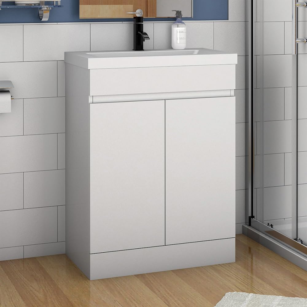 Acezanble 600mm Bathroom Vanity Unit Basin Storage 2 Door Free Standing Ceramic Basin Cabinet Furniture Matte White