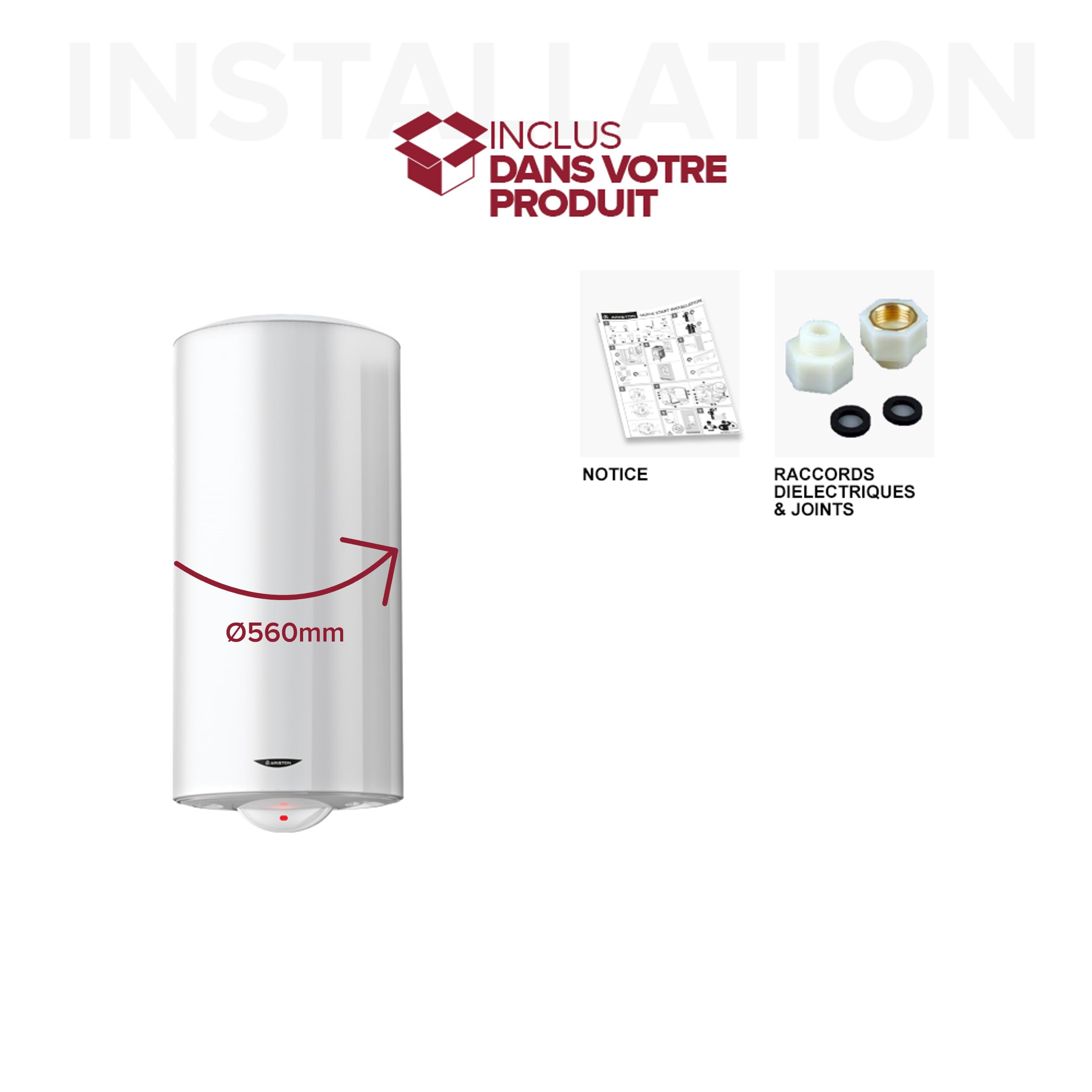 Ariston INITIO 200 L - Chauffe-eau Électrique Vertical Mural 200L - Ø560mm - Résistance Blindée Thermoplongée - NF Performance 2** - Conçu pour être installé en France