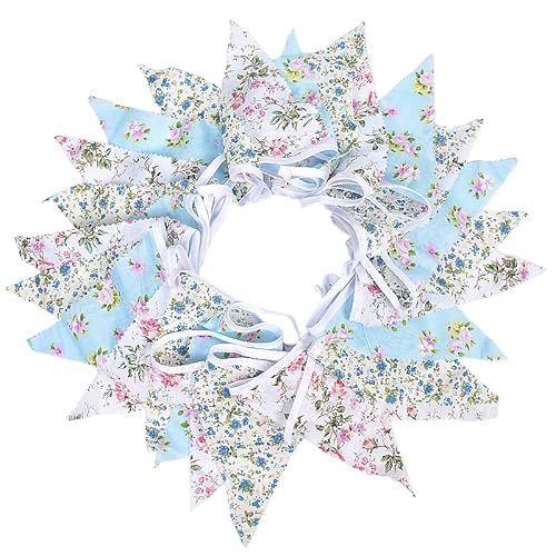 Guirlande de fanions en tissu floral de 12 m | Drapeaux de grande taille | Style shabby chic vintage en coton pour décoration de jardin, fête d'anniversaire, chambre à coucher