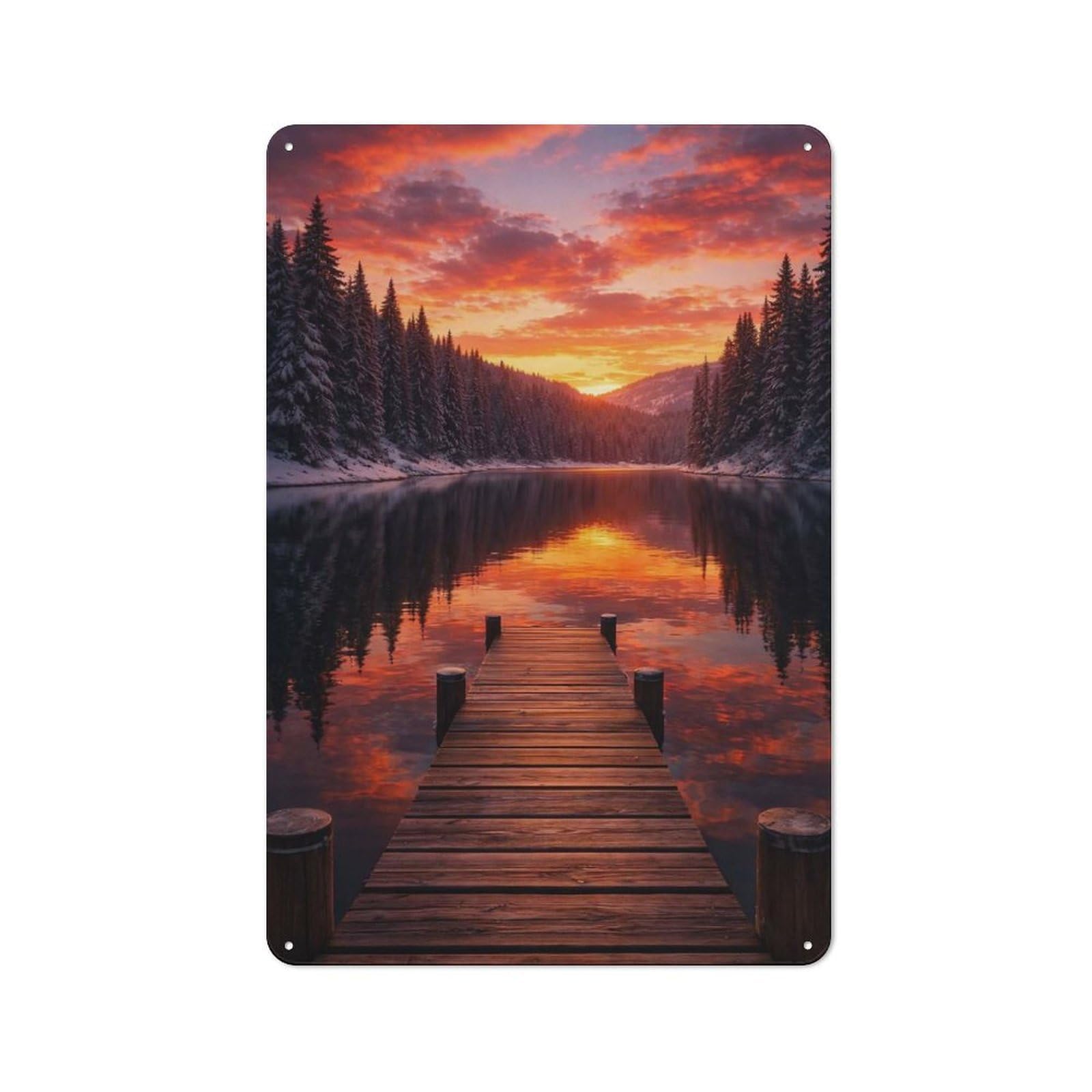 Winter Lake Sunset Dock View Classic Metal Wall Decor 30x20cm, Metal Wall Plaque for Hobby Room, Office, Lounge Or Living Room