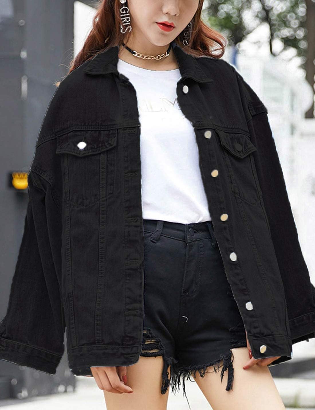 Omoone Women’s Oversized Mid Long Denim Jacket Jean Biker Coat