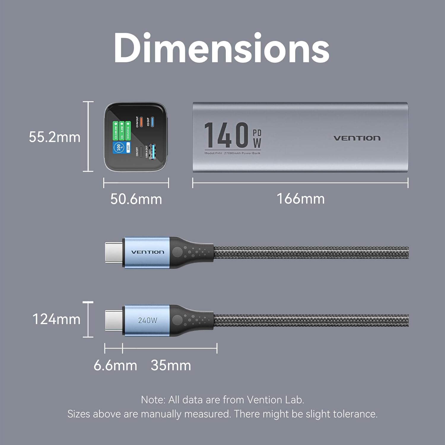 Diagram showing the dimensions of the VENTION power bank and its included cables