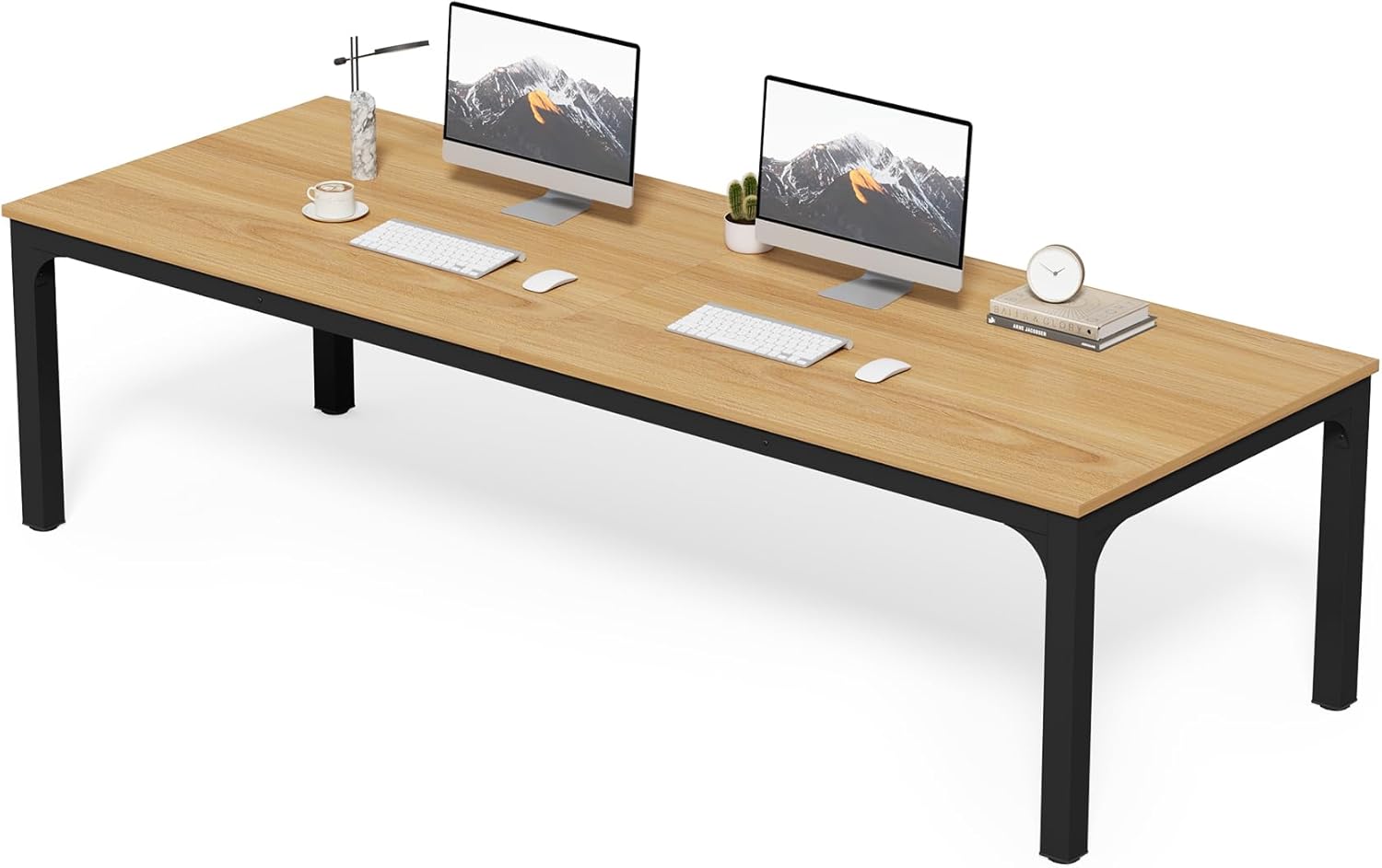 LITTLE TREE Two Person Desk, 78.7 Inches Extra Long Computer Desk, Wooden Large Office Desks with Strong Metal Legs, Double Desk for 2 People, Writing Study Table for Home Office, Natural & Black
