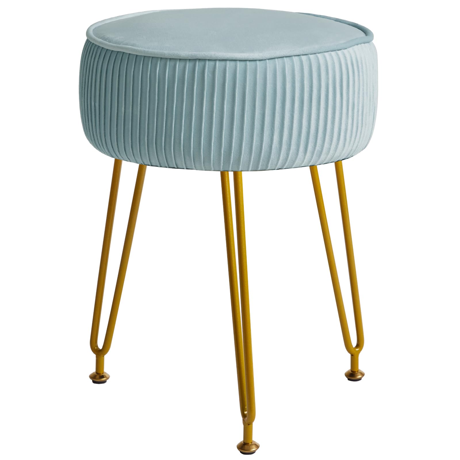 IBUYKE Velvet Round Footrest, Makeup Vanity Stool Side Table, Velvet Dressing Table Seat, Pouf Couch Stool, Golden Steel Legs, Light Blue L/G-30H
