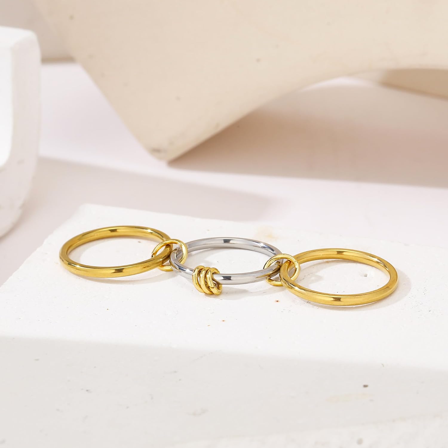 14K Gold Plated Interlocked Stackable Rings for Women, Statement Multi Ring Mixed Metals Stack, Two-Toned interlocking rings Stacking Jewelry - Image 4