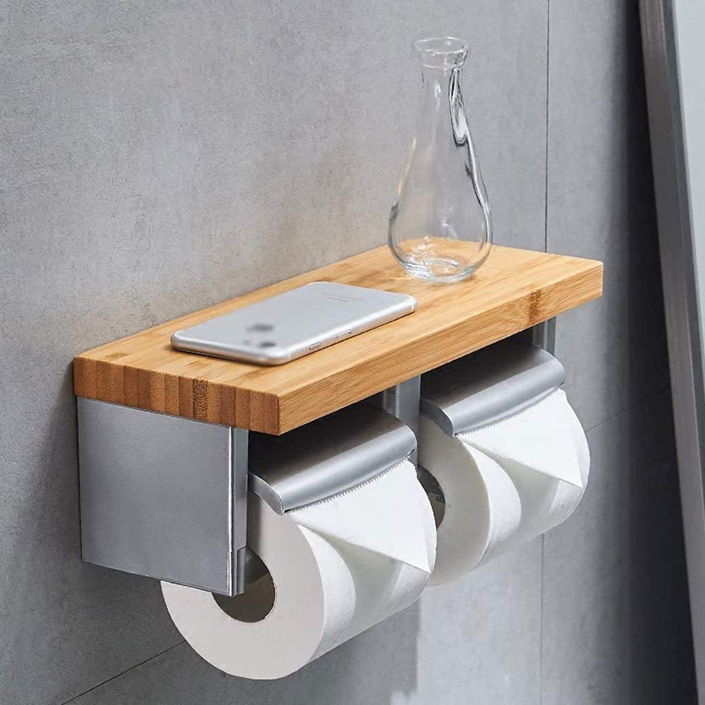 AAPIE Portarrollos de Papel de Madera, Soporte de Papel higiénico Doble, Soporte de Papel higiénico sin Perforaciones, Soporte de Papel de Cocina de Acero Inoxidable para Hotel