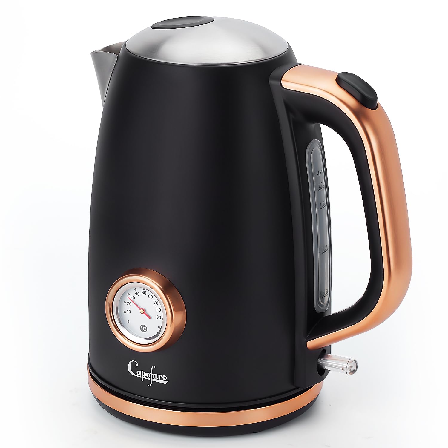 Capofaro 3000W Fast Boil Retro Electric Kettle, 1.7L Stainless Steel Tea Kettle with Temperature Gauge, BPA-Free, Auto Shut Off & Boil Dry Protection, Easy to Clean, Black and Rose Gold