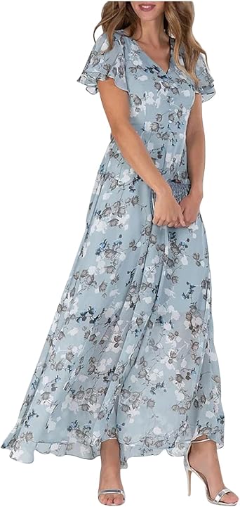 Womens Flowy Maxi Dress Ruffled Beach Sundress Chiffon Floral Long Skirts Short Sleeve V-Neck Waist Loose Long Dress