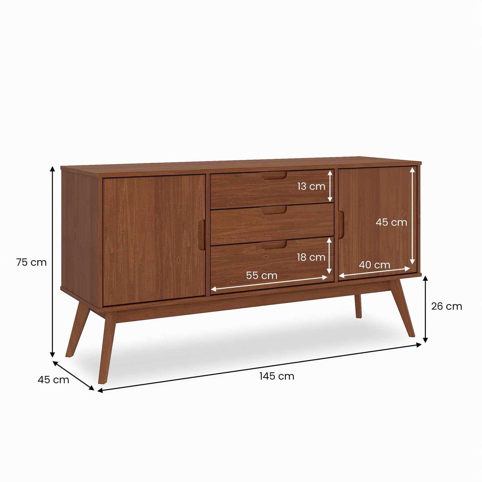 IDIMEX Sideboard Tivoli skandinavischen Design Kastanien dunkel braun lackiert - Kommode aus Massivholz, mit 2 Türen und 3 Schubladen, Buffetschrank Geschirrschrank
