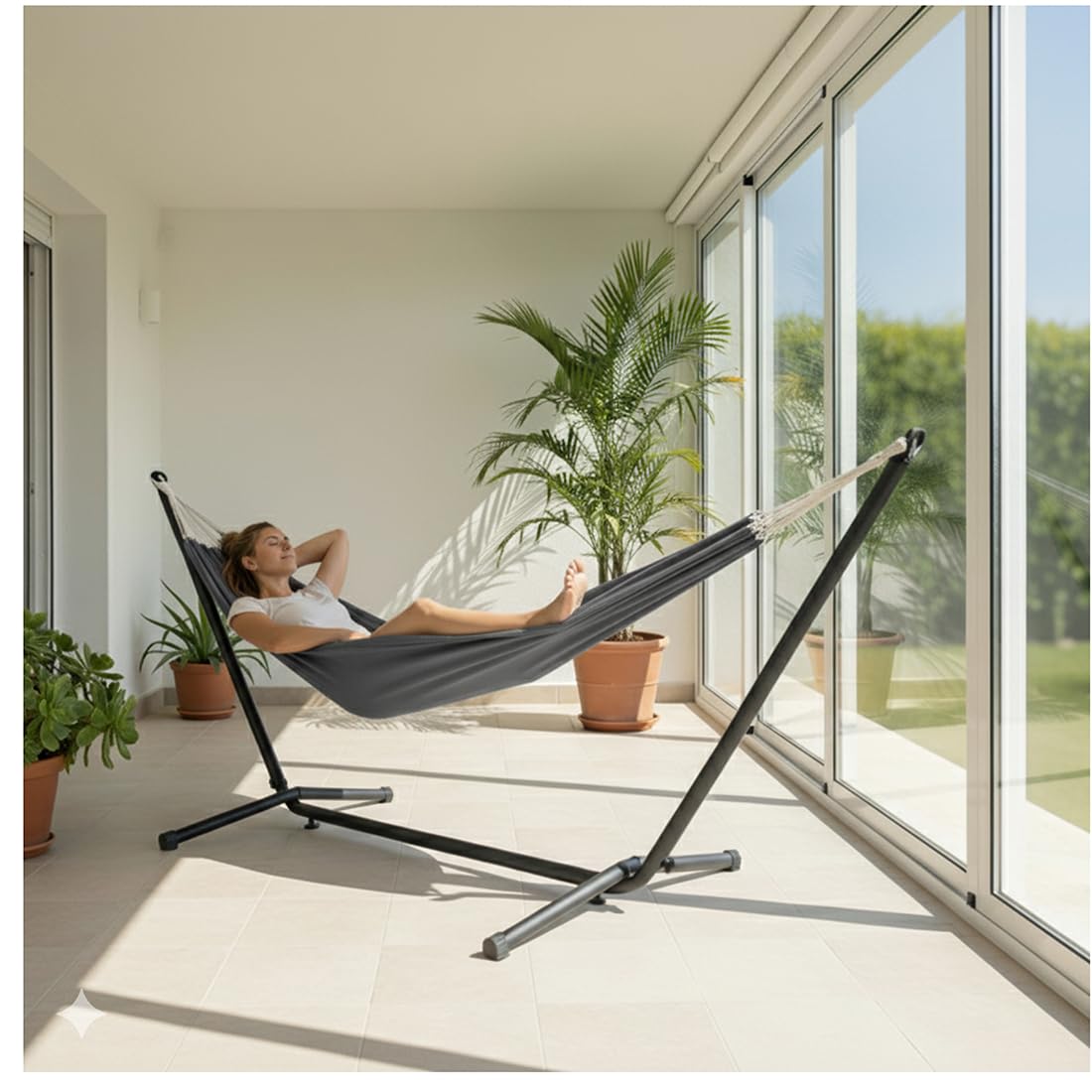 Acomoda Textil - Hamaca de Jardín con Soporte Metálico 270x100x95 cm, Estructura de Acero Resistente con Lona Cómoda, Hamaca Exterior para Terraza, Patio, Balcón o Camping.