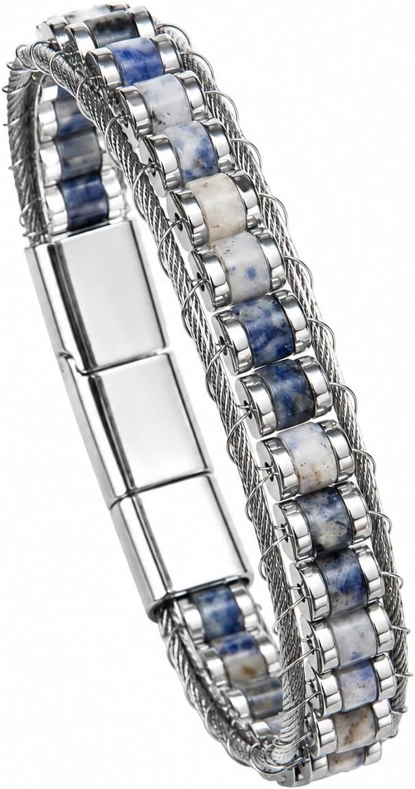 Perlavita Men's Sodalite Bracelet, Natural Gemstone Braided Cable Wristband, 19 cm + 1 cm Extension (Fits 17 cm - 18.5 cm Wrists)