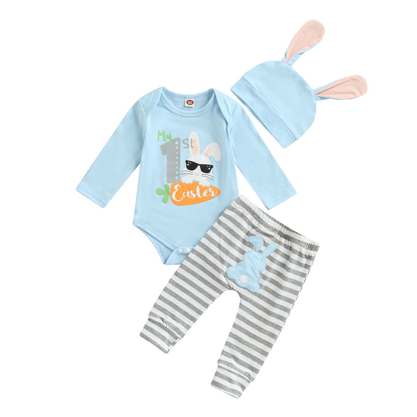 My First Easter 3Pcs Outfits Newborn Baby Boy Long Sleeve Letter Romper Rabbit Striped Trousers Bunny Hat Set (Light Blue, 6-9 Months)