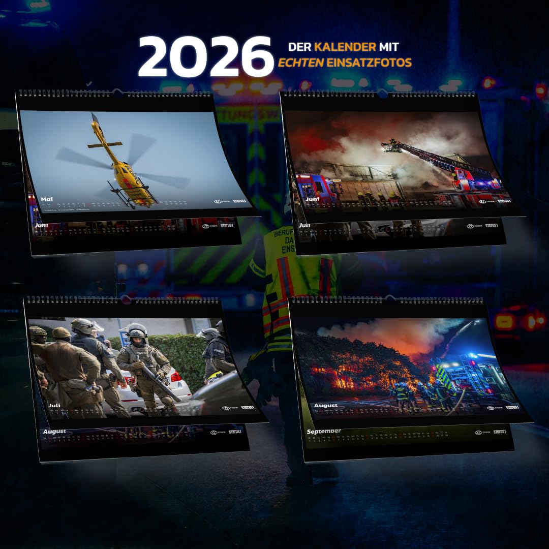 Feuerwehrkalender 2026 (Mega Bundle Wandkalender XXL A2 + A4 & Tischkalender A5) - Echte Einsätze von Feuerwehr, Rettungsdienst & Polizei - der Blaulichtkalender von 5 VISION & STATUS 1
