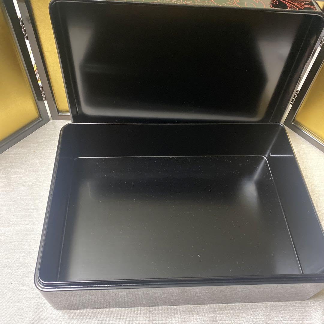 宝蔵】未使用 輪島塗 黒塗 牡丹沈金 硯箱 約25.5㎝×約18.5㎝