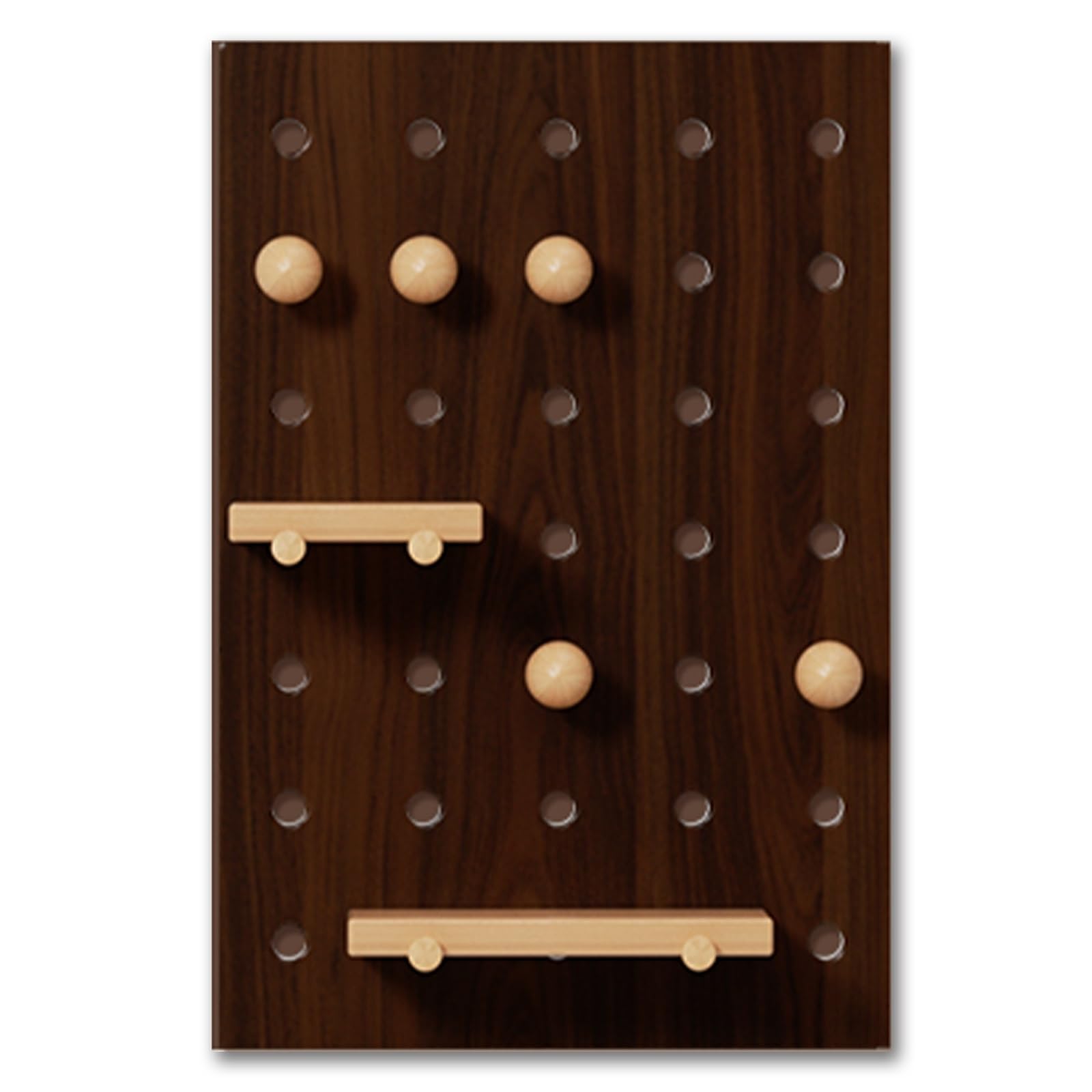 Organizador de Pared de Tablero Perforado de Madera, Panel Perforado con Estantes Flotantes y Palos de Madera, Expositor de Entrada, Sala de Estar y Oficina(Brown)