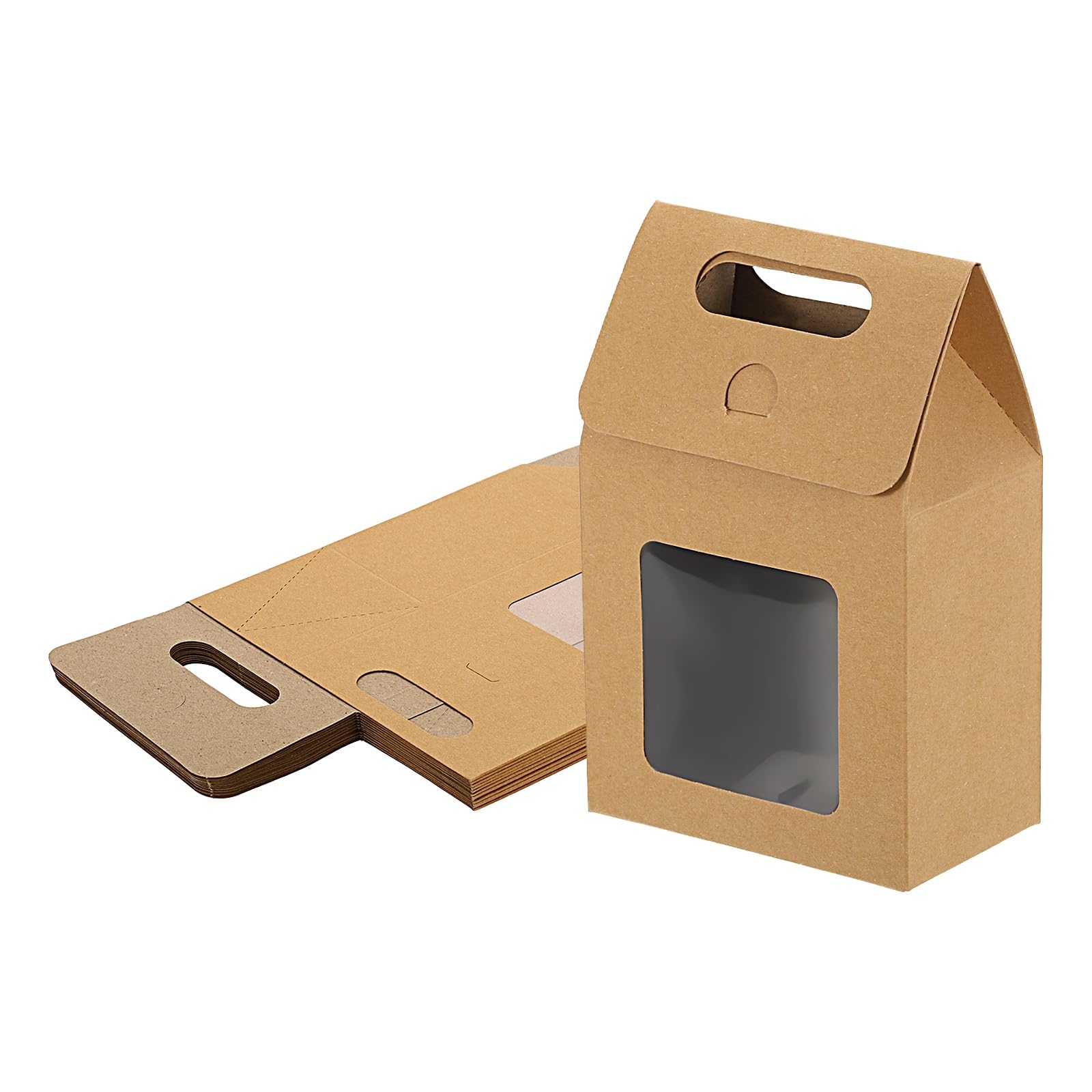 sourcing map 12Pcs Kraft Paper Bags, Gift Boxes with Clear Window and Handle, Stand Up Favor Treat Boxes for Candy, Cookies, Party Store, Packaging, Wedding, Light Brown