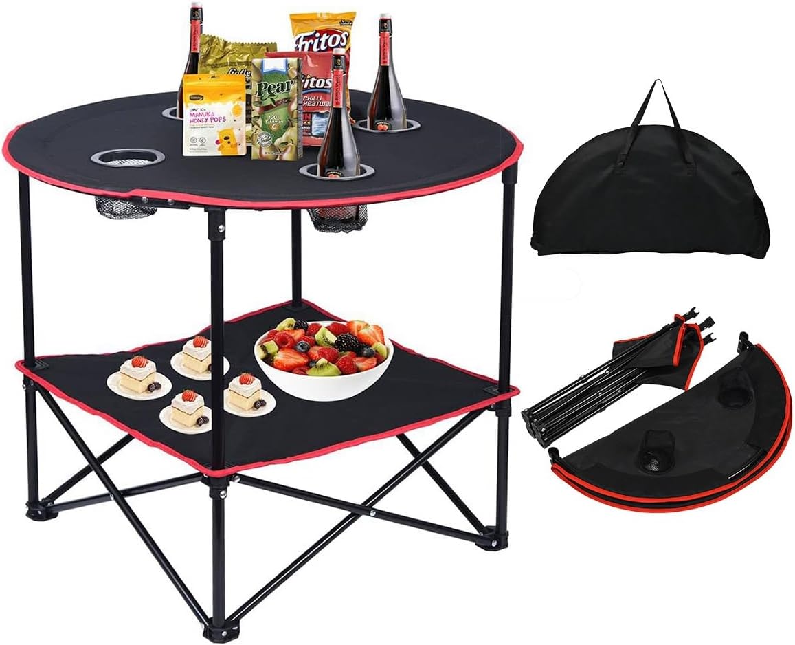Round Portable Camping Table(72.8×50.8×61.9cm) with Carrying Bag & 4 Cup Holders - Lightweight Folding Picnic Table for Camping, Hiking, Tailgating