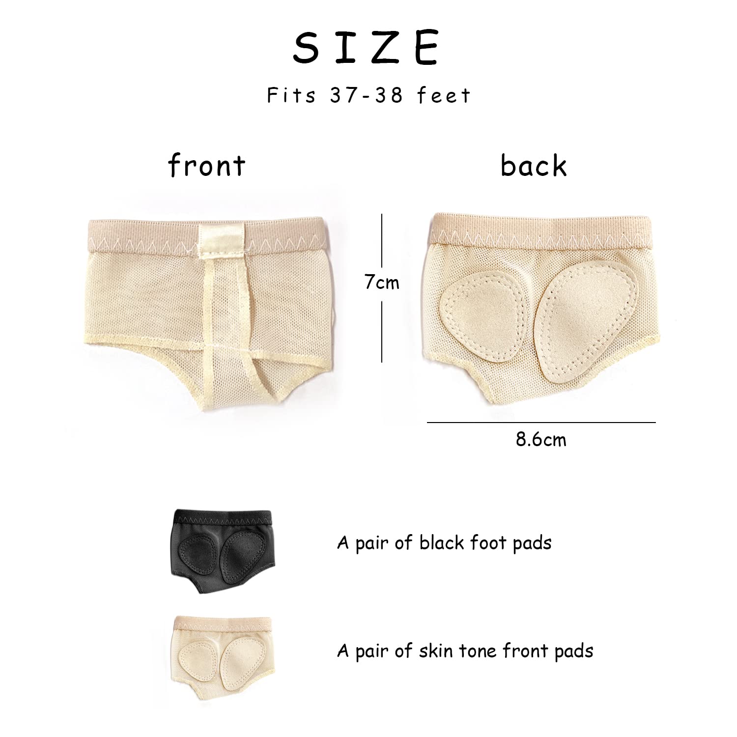 Tanga de pie de ballet paquete de 2, calcetines de apoyo para almohadilla de dedo, negro y tono de piel