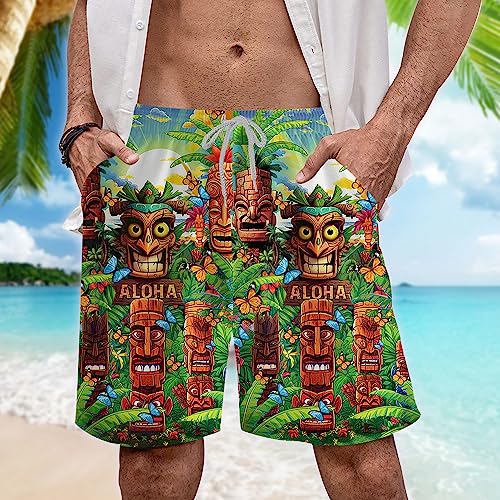 Hula Tiki Mens Hawaiian Sport Shorts - Tropical Tiki Hawaiian Shorts for Men - Casual Drawstring Beachwear Shorts Series 162