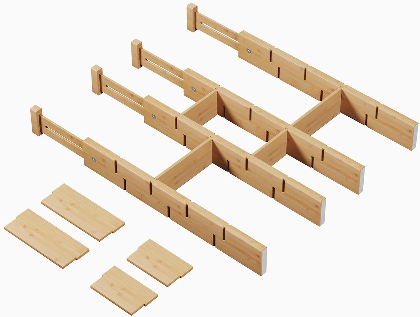 Bamboo Drawer Dividers 4 Pack with Inserts, Kitchen Adjustable Drawer Organizers for Home, Bedroom, Dresser, Expandable Organization 4 Dividers with 8 Inserts