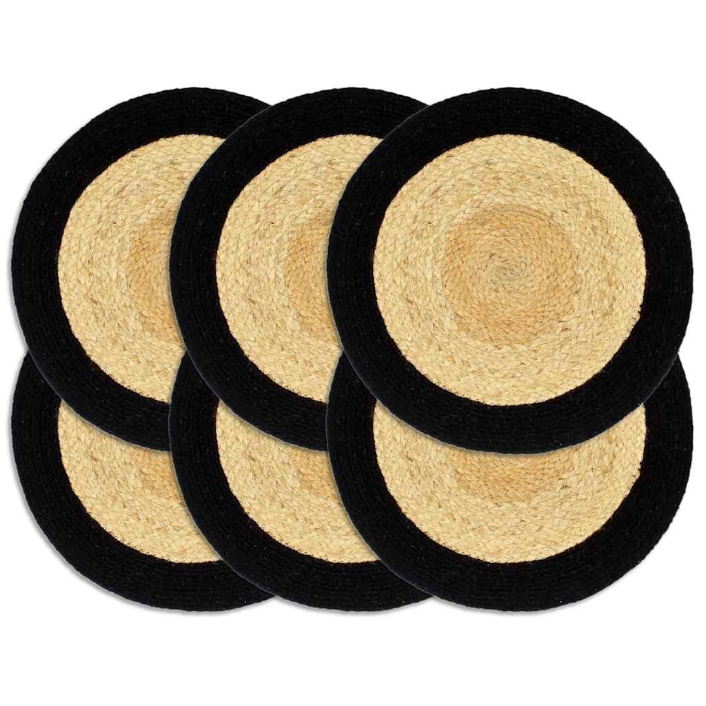 Lot de 6 sets de table naturels et noirs, faits à la main, en jute et coton, 38 cm de diamètre, antidérapants et faciles d'entretien, parfaits comme sets de table pour table à manger, cuisine