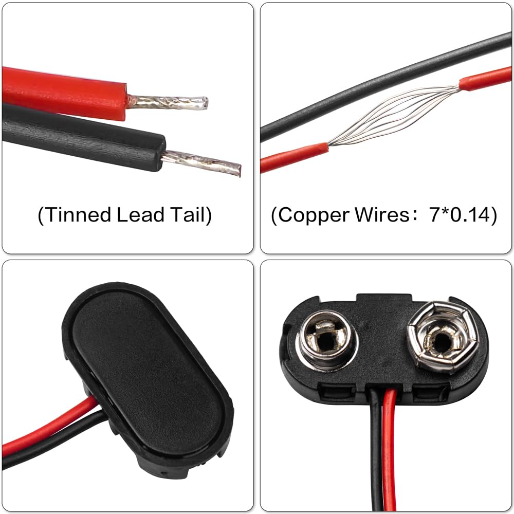 Lot De 5 Connecteurs Batterie 9V Type T - Plastique Noir Et Cuivre - Câble 15cm