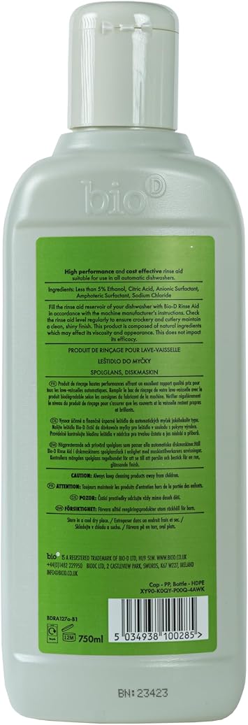 Bio-d Dishwasher Rinse Aid | 750ml | Cuts Grease & Removes Food Residue | 100% Naturally Derived | Suitable for All Dishwashers | Allergy UK Accredited | Vegan & Cruelty Free | Made in the UK